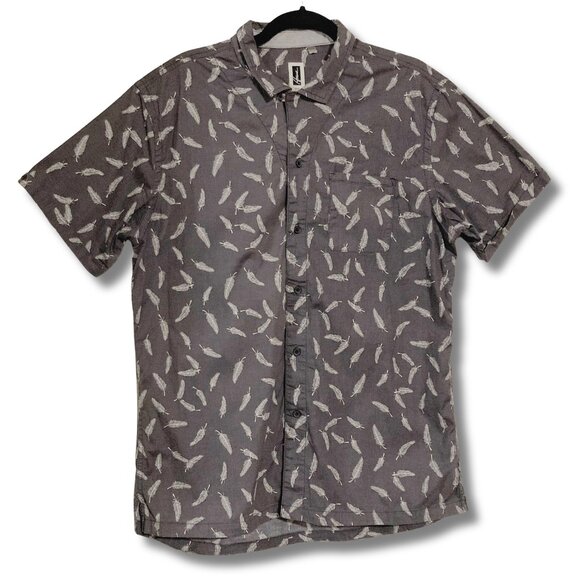 HOWE Dark grey white feather print short-sleeve button-down shirt MEDIUM LARGE - Picture 1 of 12